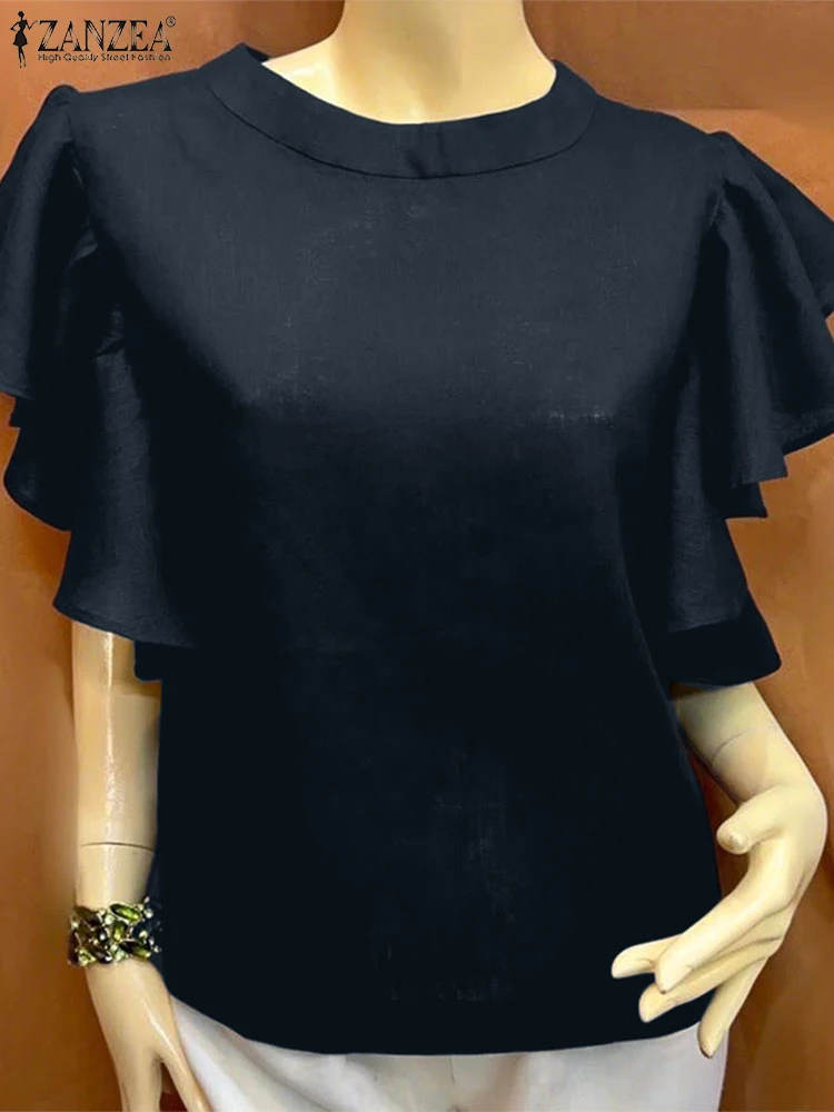 

ZANZEA Ruffles Sleeve Womens Blusas Mujer Mock Neck Fashion Elegant Solid Color Tops 2025 Summer Day Wear Streetwear Blouses