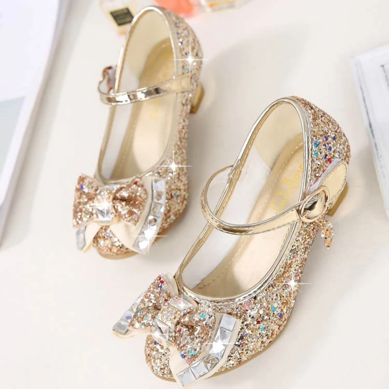 Princess Kids Leather Shoes for Girls Flower Casual Glitter Children High Heel Girls Shoes Butterfly Knot Gold Silver