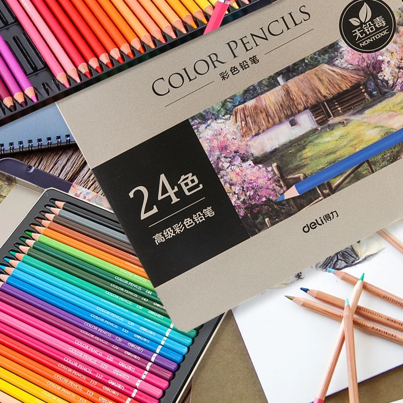 Deli Oil Based Colored Pencils Set 24/36/48/72 Colors Oil Painting Drawing Coloured Color Pencil For School Student Art Supplies