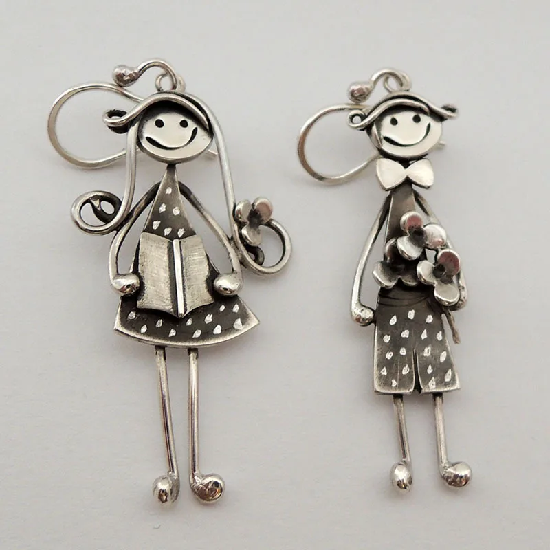Vintage Boy and Girl Dangle Earrings with Hook Backs for Pierced Ears. Hallarked Gift for Mom.