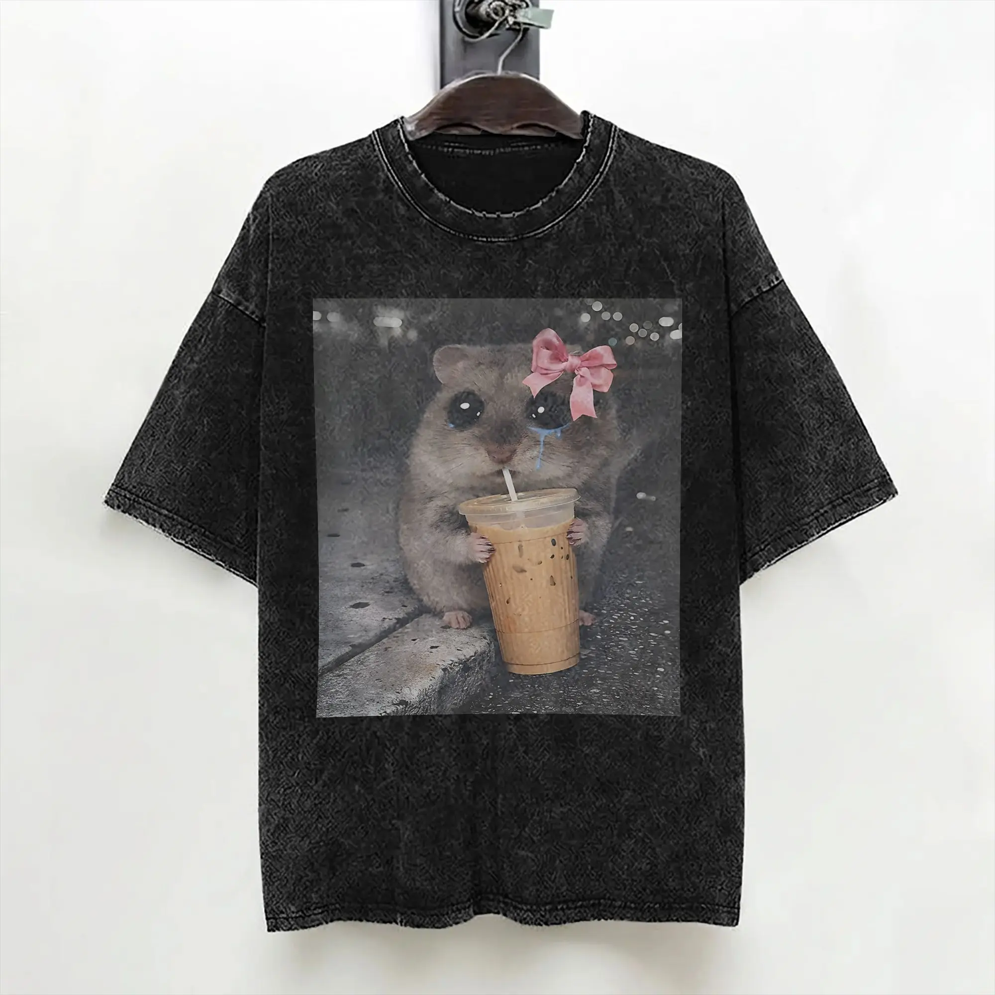 Cute Hamster Drinking Iced Coffee Funny Animal Meme T Shirt Washed 100% Cotton T-Shirt for Men Women Streetwear Graphic Tees