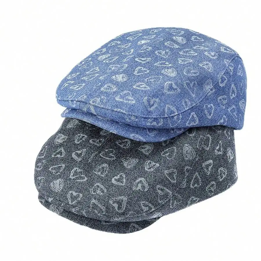 

Washed Denim Beret Hat With Heart Print Sun Protection Casual Flat Cap For Women