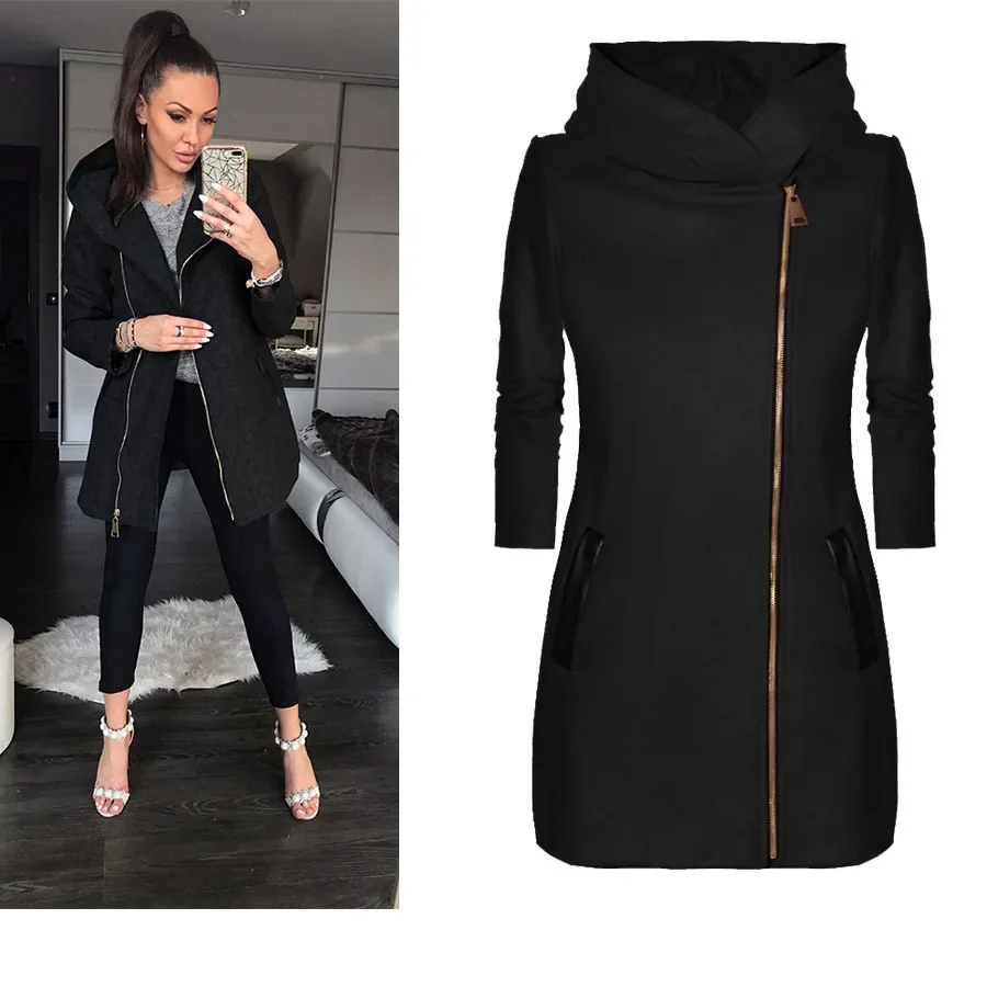 2023 Autumn Fashion Trend Loose Side Zipper Plus Fleece Jacket Hooded Sweater Woman