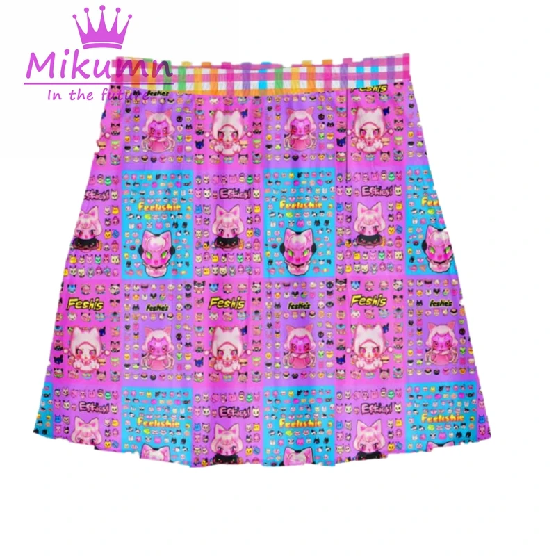 Mikumn Aesthetic Grunge Y2K Cute Girls Cartoon Print Short Skirt Harajuku Japanese Women High Waist Plaid Mini Skirt Streetwear