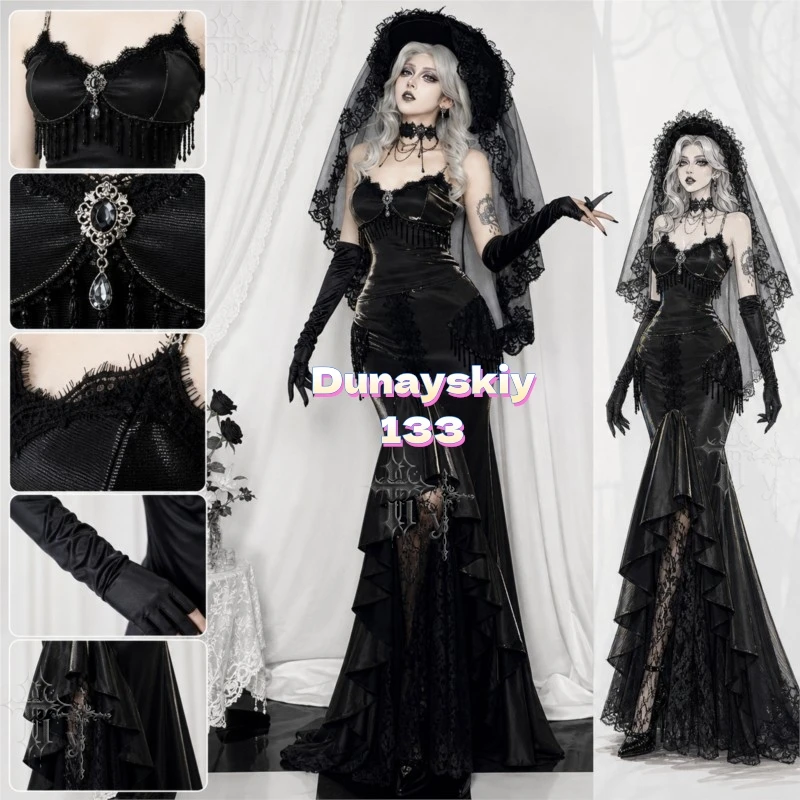 Black Velvet Fishtail Asymmetrical Skirt Vintage Gothic Ghost Girl Long Dress Fall Winter Darkwear Outfit Halloween Cos Party view 2