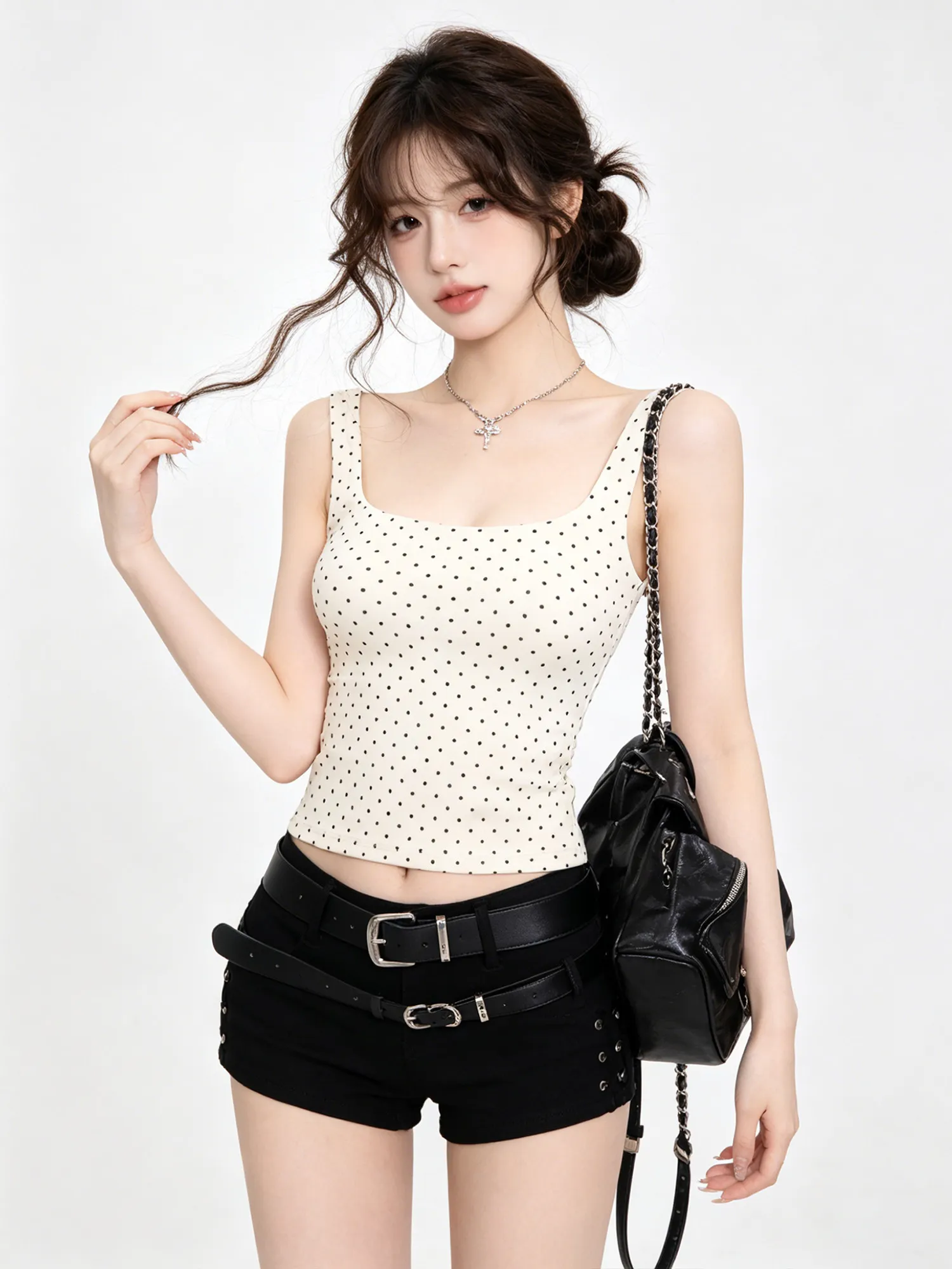 Summer White Polka Dot Sleeveless Square Collar Vest Women's Outerwear Korean Style Beautiful Small Strap Cotton Blend Elasti...