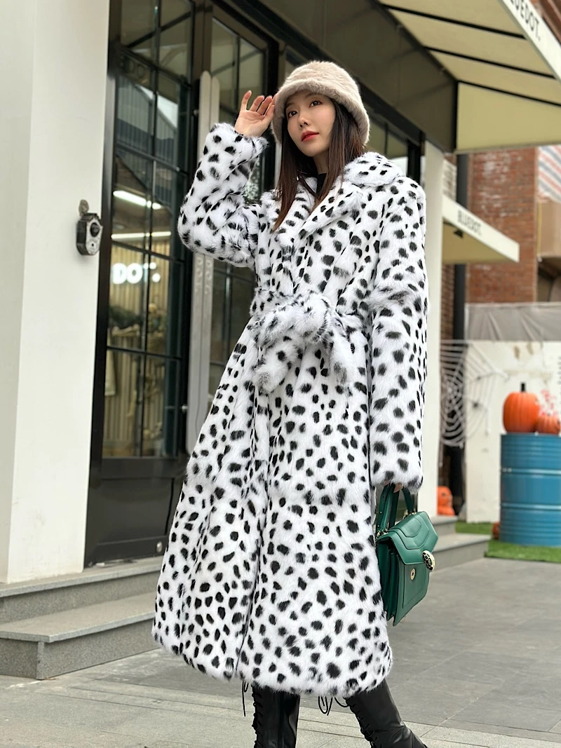 2024 Winter Women Real Fur Coat Natural Rabbit Fur Turn-down Collar Fashion Warm Rabbit Fur Jacket with Belt X-long