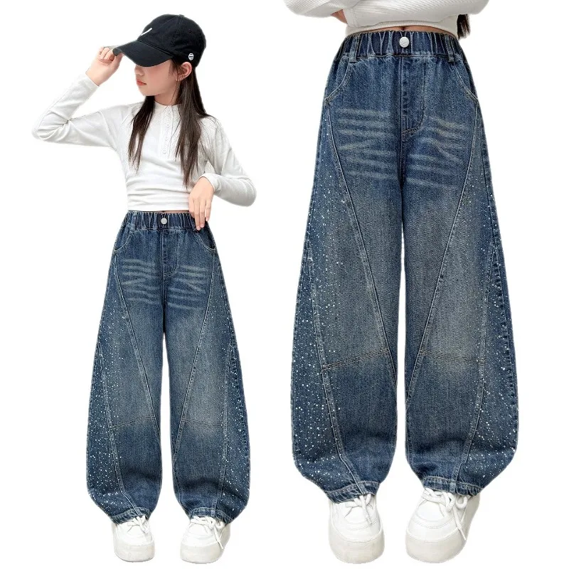 Kinder Mädchen Jeans UNITIM Herbst Junge Teenager Mädchen Glänzende Denim-Hosen Lose Elastische Taille Junior 4-14J Mädchen Weite Hosen – Detail 6