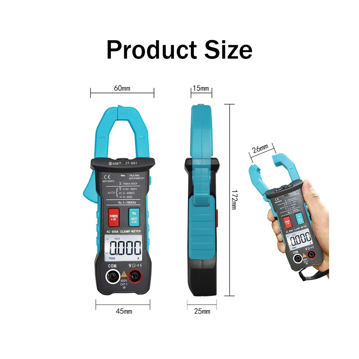 BSIDE ZT-QB1 Digital Clamp Meter Multimeter 600A Current T-RMS Smart Plier Ammeter DC/AC Voltage Resistance NCV Tester