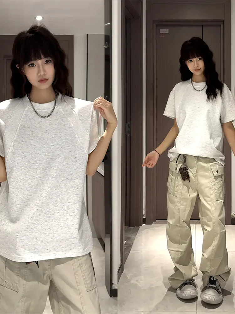 아메리칸 슬레 헤비웨이트 디컨스트럭티드 오르트 스베 여성 여름 클린핏 스몰 칼라 숄더 티셔츠 루즈 탑 (커플용)