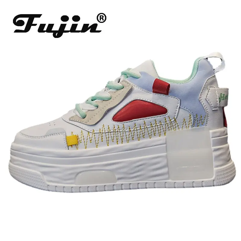 Fujin 8cm Genuine Leather Spring Autumn Casual Chunky Sneakers Women Fashion Moccasins Comfortable Fashion Platform Wedge Shoes