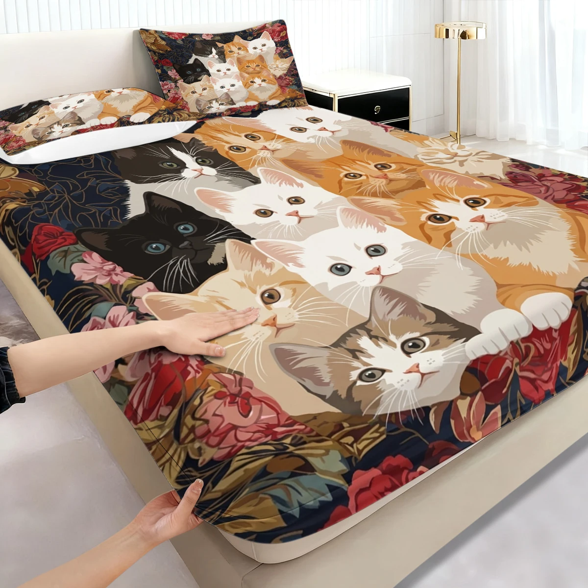 Dark Antique Floral Frame Kitten Fitted Sheet 3PCS, Multi Color Cat Faces Gathering Elastic Mattress Cover with Pillowcases