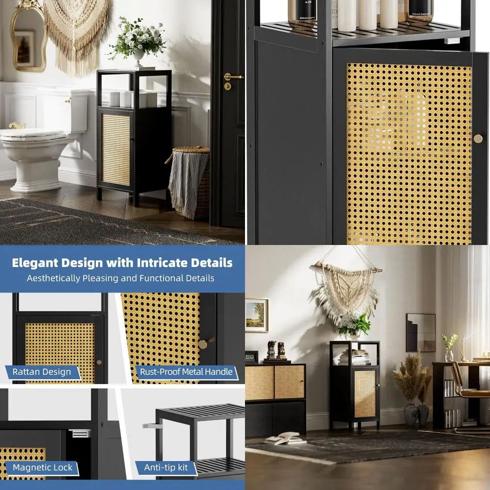 Компактный бамбуковый шкаф для хранения небольших ванных комнат с дверцей из ротанга, гладкий черный отдельно стоящий кухонный шкаф
