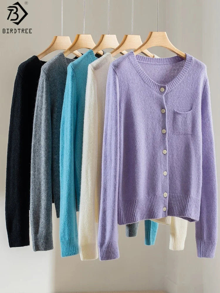 

Birdtree Wool Cashmere Blend Knitted Cardigan,Woman O-neck Full Sleeve Pocket Sweater,2025 Autumn Single Breasted Coat T59825JF