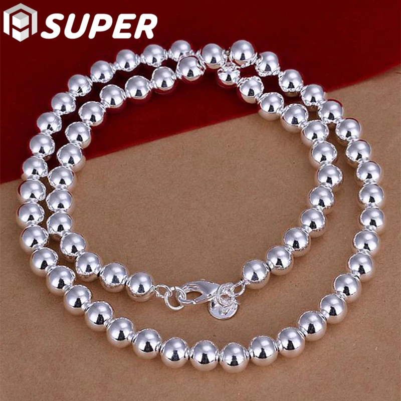 

925 Sterling Silver 6mm 18 Inch Smooth Beads Ball Chain Necklace For Man Women Trendy Wedding Engagement Jewelry