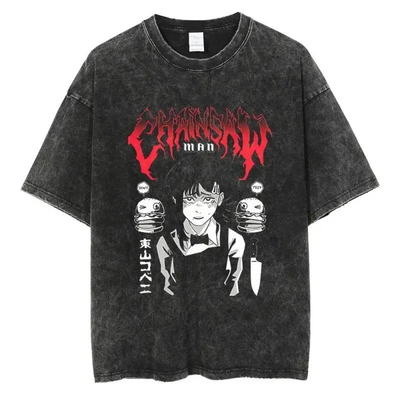 

Chainsaw Man Pochita Washed T-shirt Soft Cotton Vintage Print Short Sleeve Tee Casual Loose Top for Anime Lovers Daily Wear