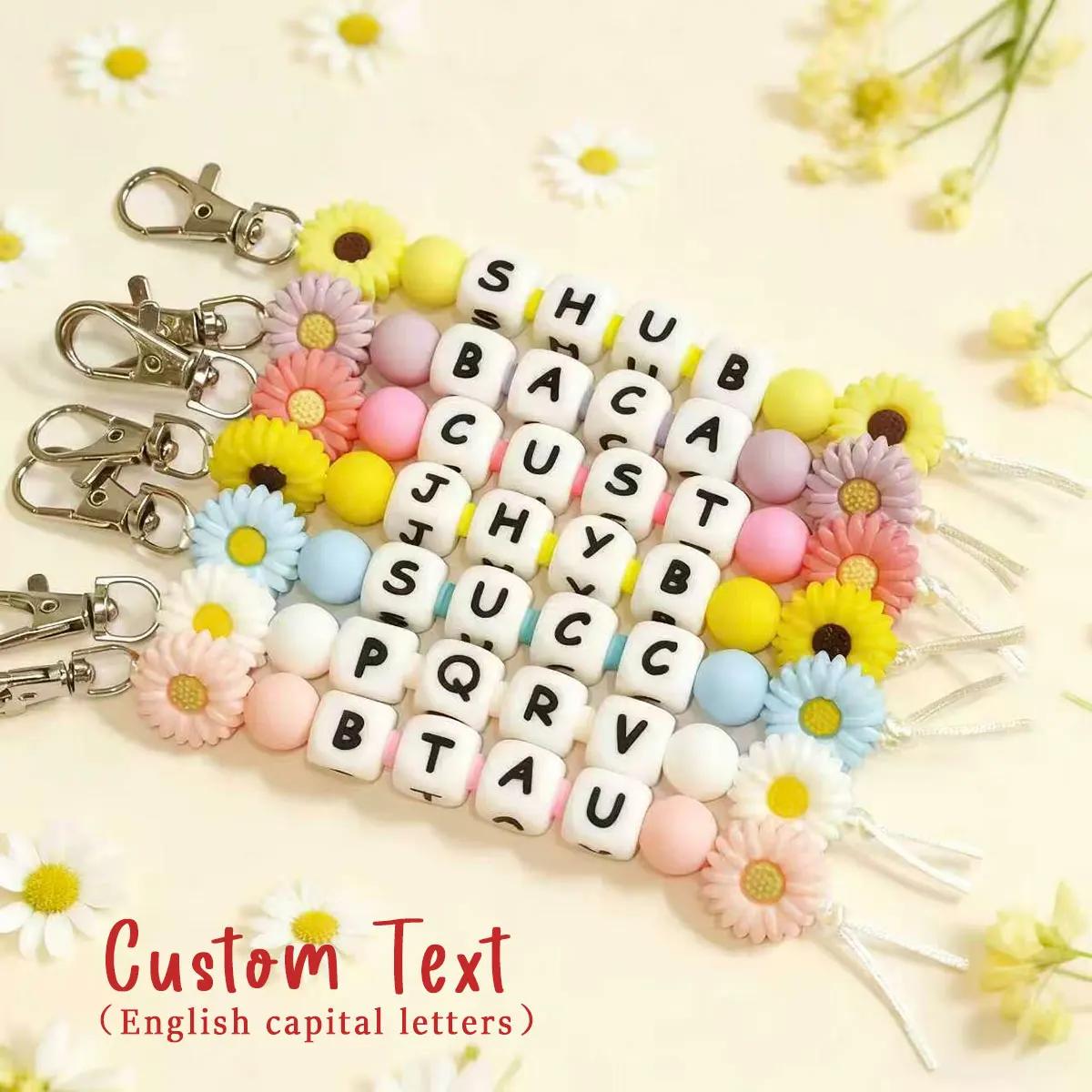 1pc personalized daisy silicone letter name keychain, bag/cup charm, colorful beaded keychain, Valentine's Day/Christmas gift