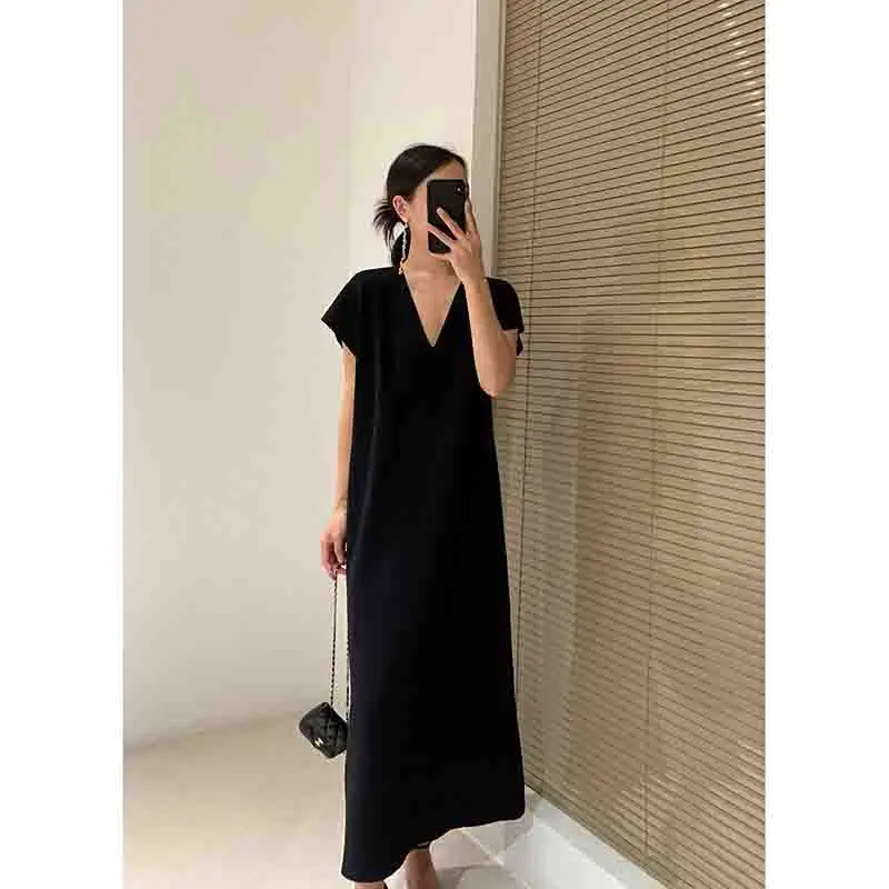 Summer French V Neck Short Sleeve Women Dresses Fashion Casual Harajuku Long Skirt Top For Office Drinking Tea Party Black Khaki