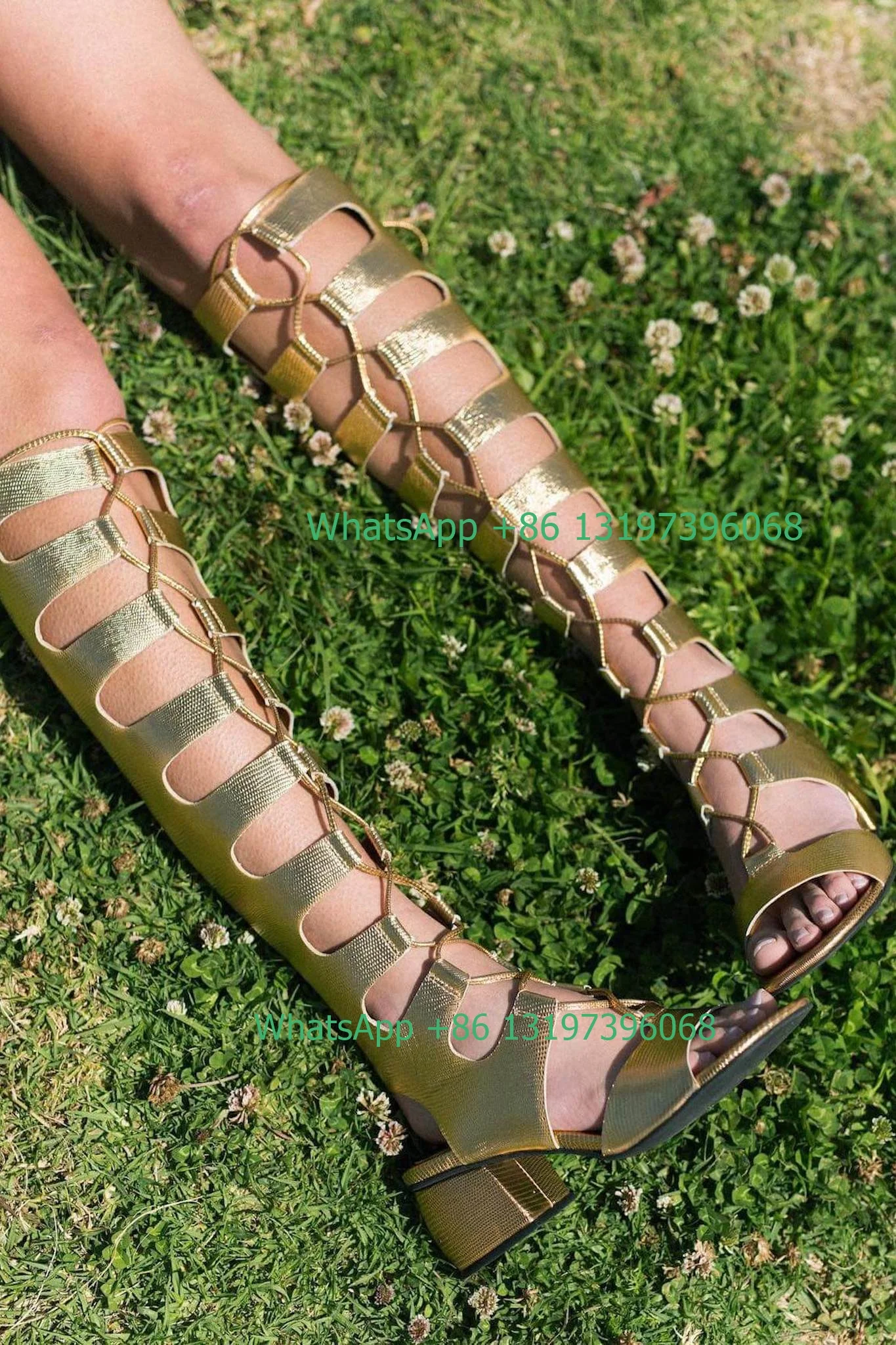 Lady gold solid Lace-up block-heel gladiator boots sexy hollow design open toe sandals calf boots & sandals footwear summer size