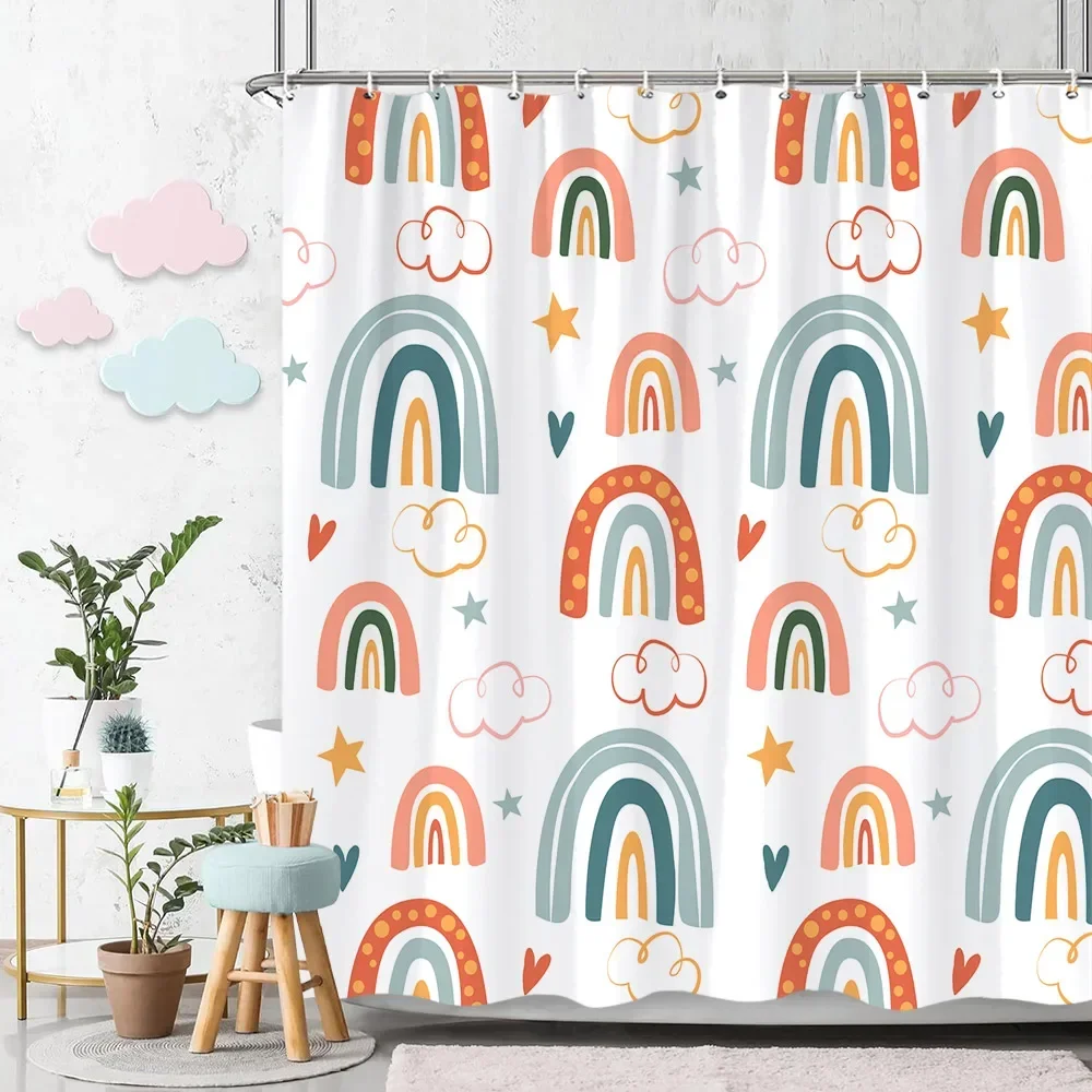 Cartoon Rainbow Shower Curtain Colourful Cute Print Kids Bathroom Polyester Fabric Art Home Decor Curtain With Hooks