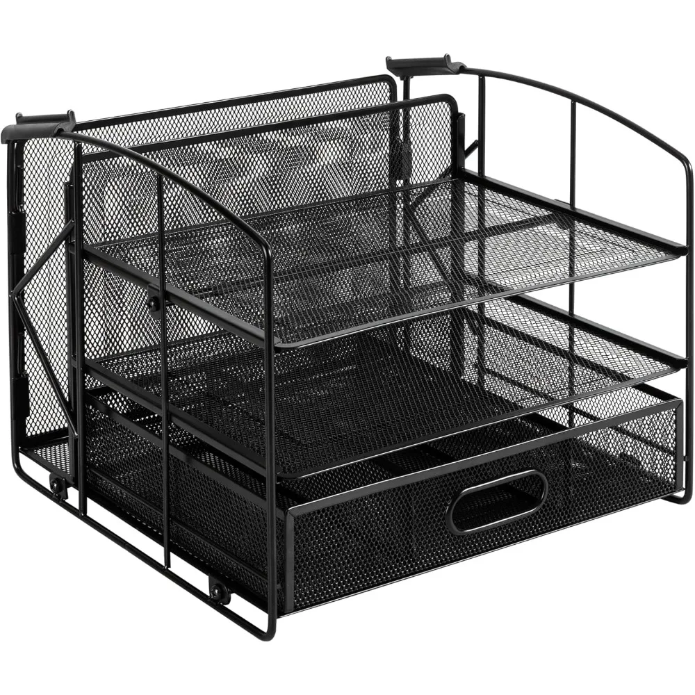 

Rectangular Desk Organizer 3 Tray w/Sliding Drawer and Hanging File Holder, Black