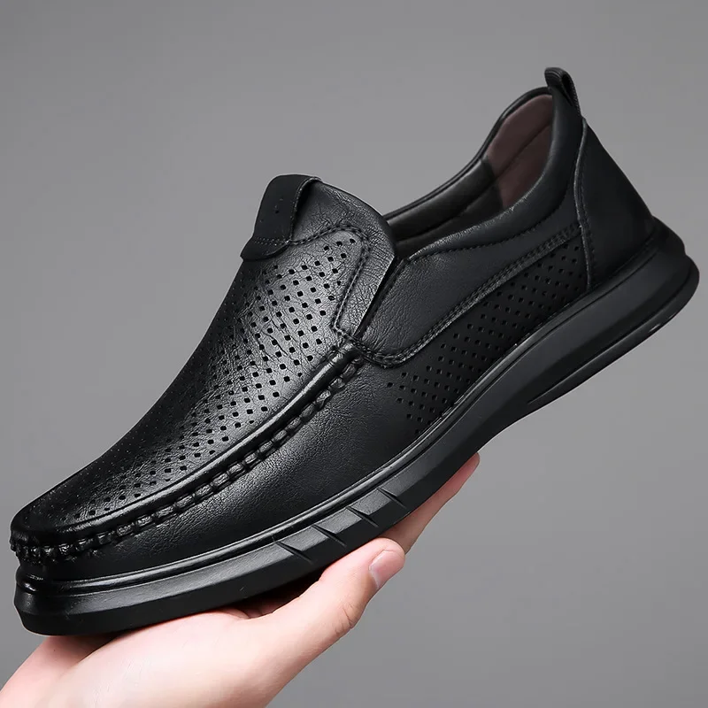 

Men Casual Leather Shoes Fashionable Men Hollow Breathable Slip on Soft Leather Thick Soled Casual Leather Shoes