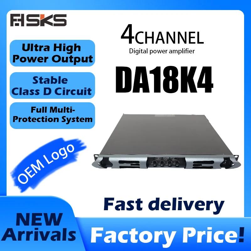 4 Channel Class D Digital Power Amplifier DA18K4 1U Rack Mount Stage Audio Amp 4×1800W Professional Power Amplifier for Concert