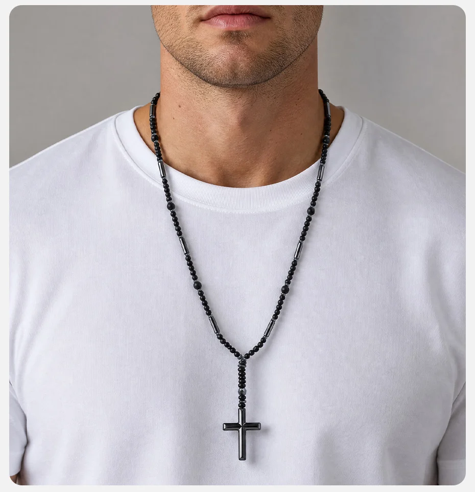 Vnox Hämatit-Kreuz-Anhänger-Halskette für Männer, Schwarze Onyx-Perlenkette, Langer Männerschmuck, Punk-Street-Style Geschenk – Detail 3