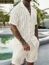 Men Crochet Knit 2 Piece Set Lapel Short Sleeve Shirt Drawstring Shorts Suit Summer Hollow‑Out Beach Vacation Outfits Male Casua view 3