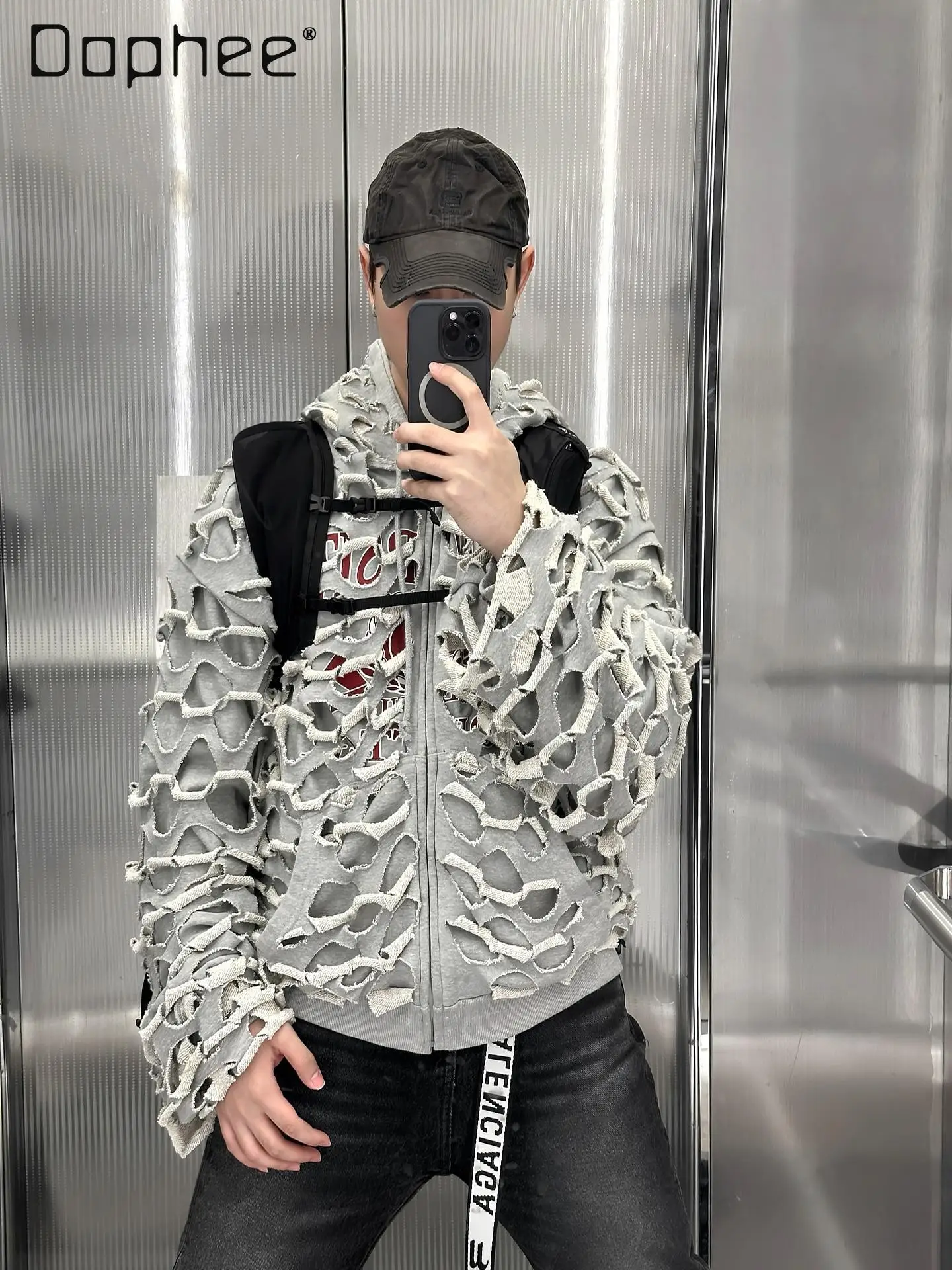 American Trend Heavy Industry Hollow Hole Double-sided Hoodies Women High Street Punk Style Casual Coat Oversized Zip Up Hoodie