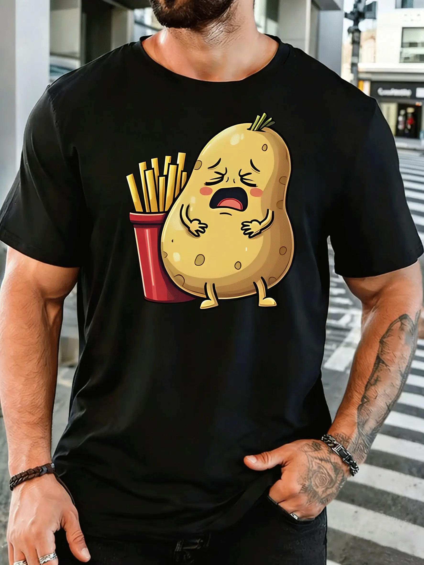 Crying Cartoon Potato With French Fries Mens Front Print T Shirt Funny Food Graphic Tee Casual Short Sleeve Top Snack Lover Gift