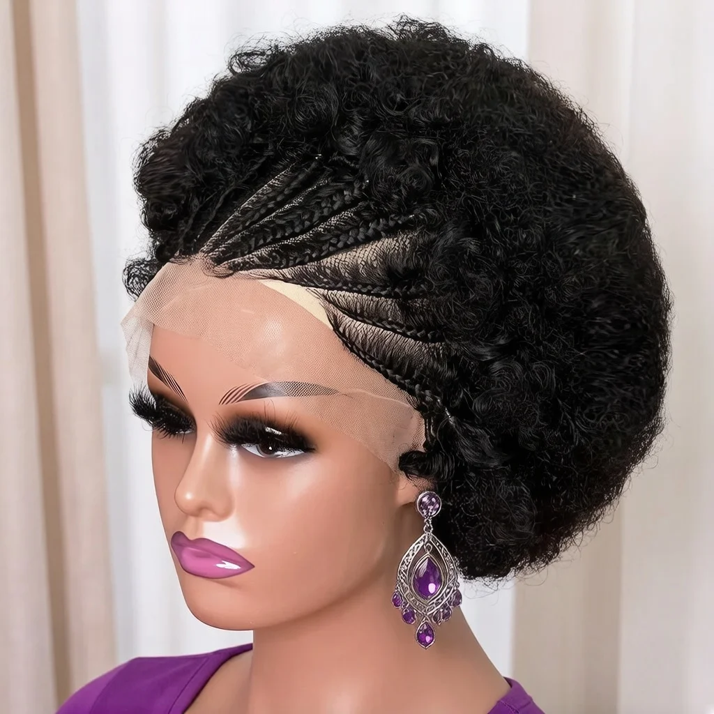 

13x4 Lace Braided Wig Handmade Human Hair Afro Lace Frontal Wig Cornrow Soft Afro Kinky Curly Wig Wog for Women