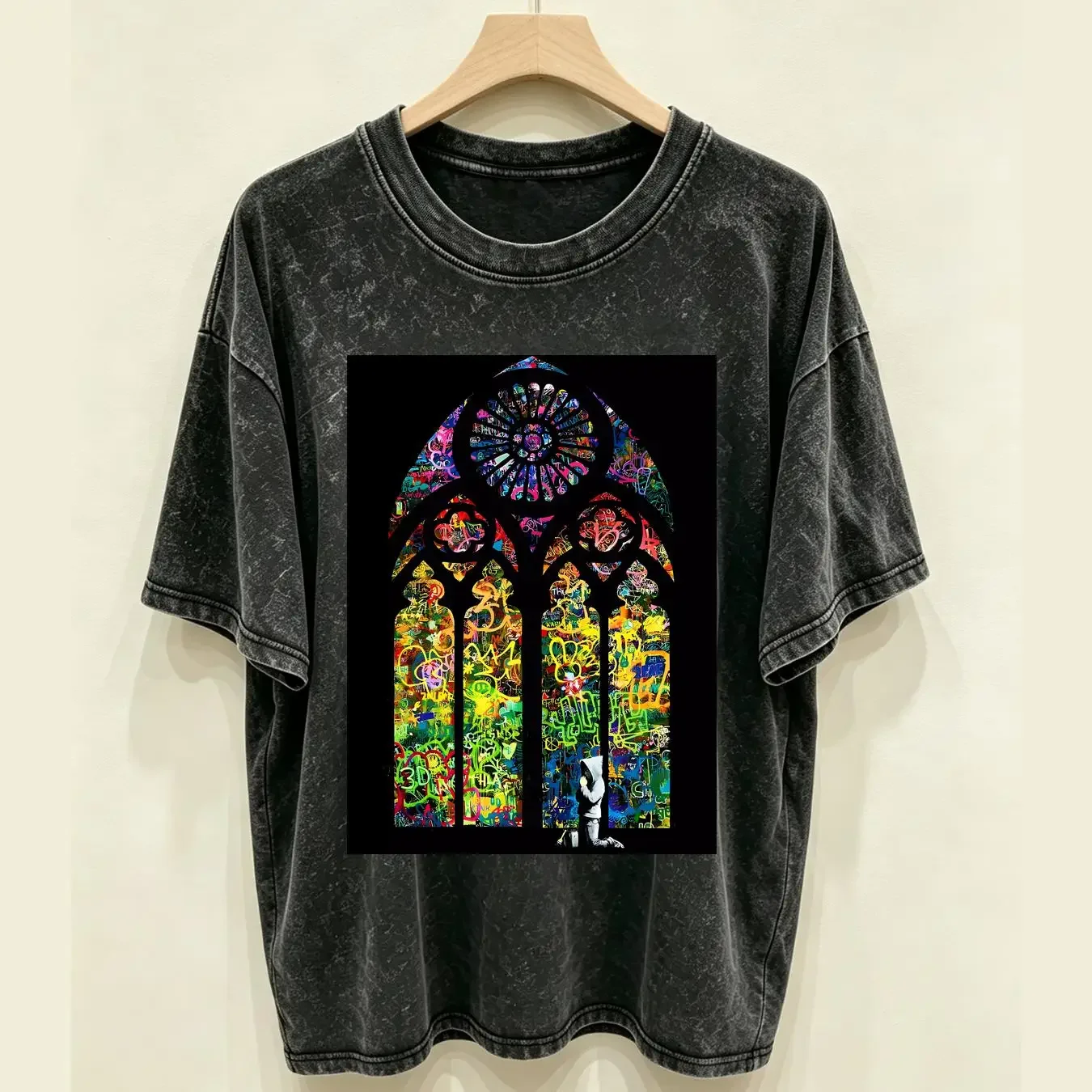 washed T Shirt Banksy Stained Glass Window Graffiti Vest 1761 long or short sleeves vintage Washed Slightly graphic Comfortable