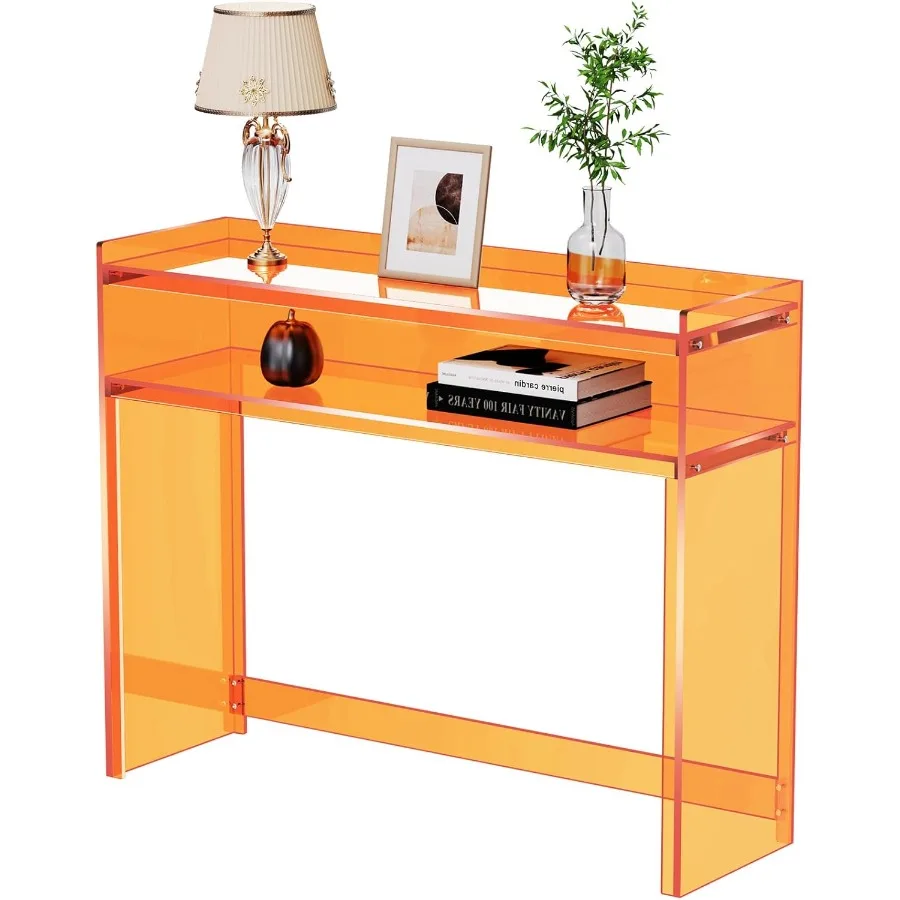 Acrylic Console Table Entryway Table with Storage Shelves 1 39.4 31.5 11.7 inches (Orange)