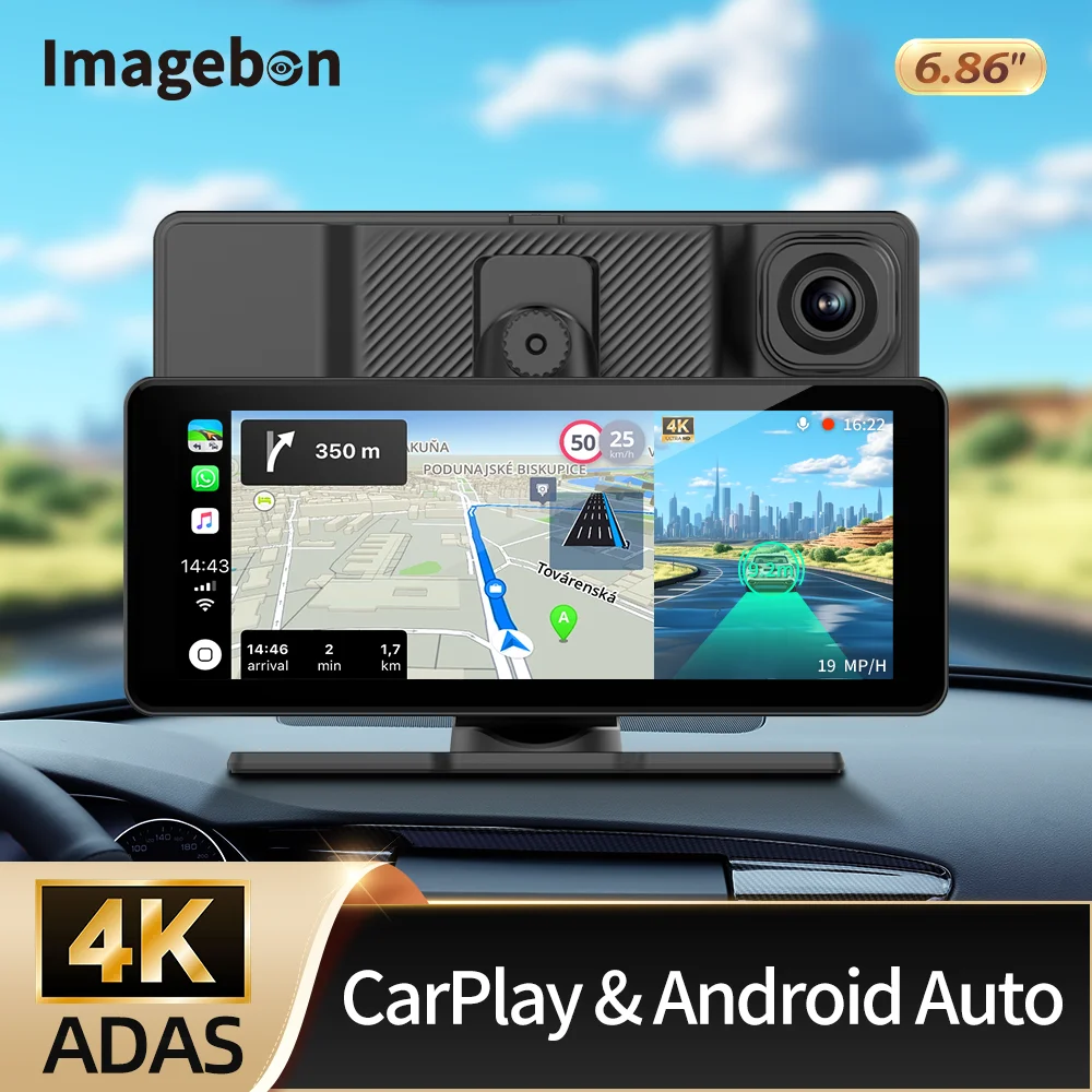

Видеорегистратор Imagebon 6.86" 4K ADAS с беспроводным CarPlay и Android Auto, Bluetooth, FM, GPS-навигацией и подключением к приборной панели