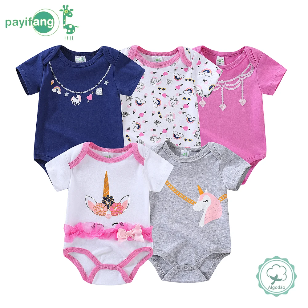 女の赤ちゃん用ロンパース5点セット、かわいいユニコーン柄の半袖女の赤ちゃん用衣装、快適な生地、甘いスタイル、赤ちゃんの普段着に最適