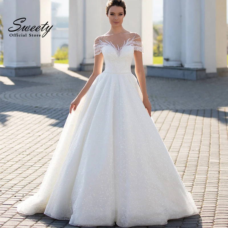 

Luxury Shining Wedding Dresses Chiffon With Beading With A-line Bride O-neck Short Sleeves Gowns Back Button Robes De Mariée