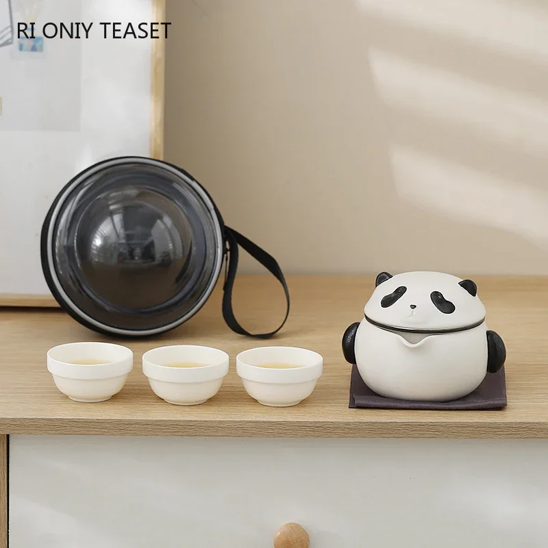 

Китайский керамический чайный набор с пандой, портативный чайник и чайная чашка, красивый чайный инфузер, уличный дорожный чайный набор с сумкой для хранения