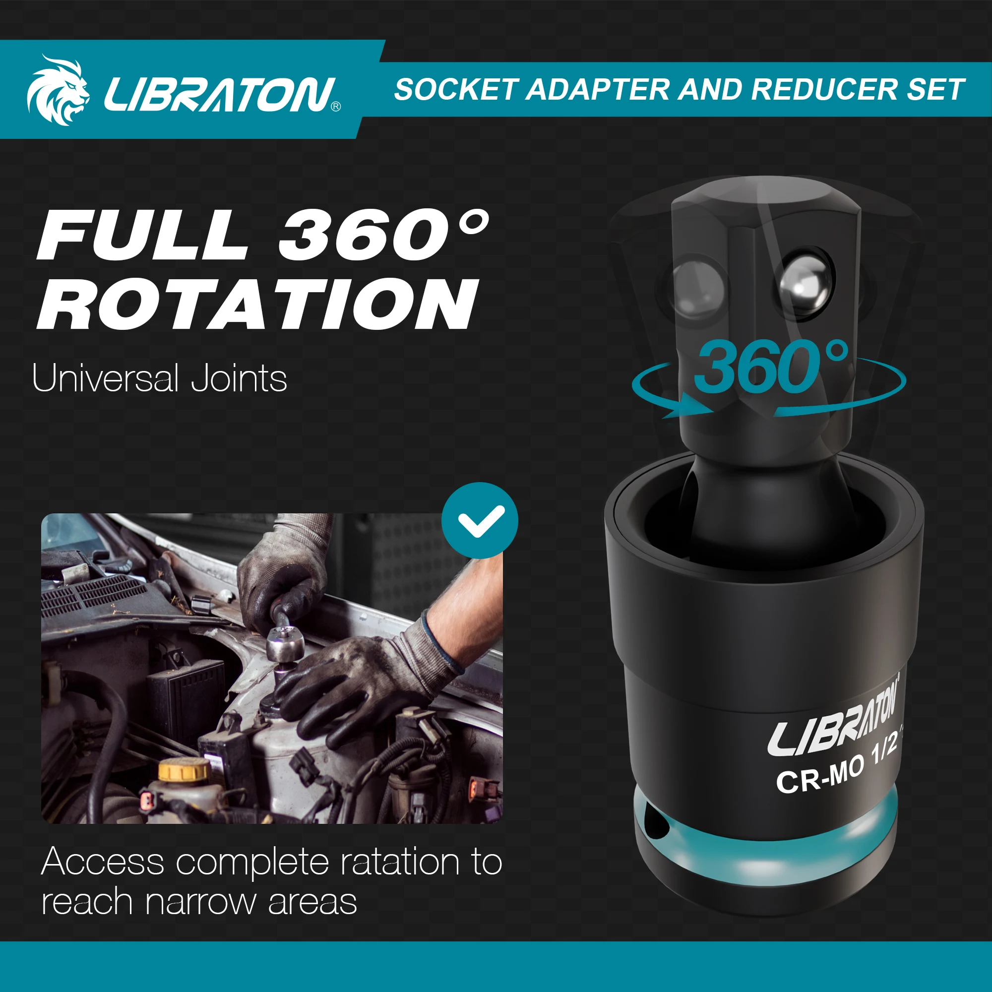 LIBRATON 1/4 Zoll, 3/8 Zoll, 1/2 Zoll Schlagschrauber-Adapter und Reduzierstücke, inklusive Reduzierstücke, Universalgelenke, Steckschlüsseladapter-Verlängerung, 20 Stück – Detail 4
