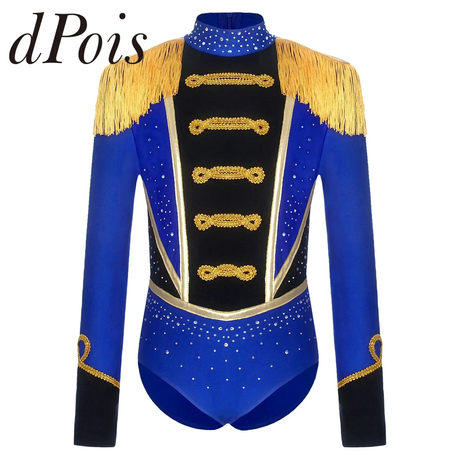 

Kids Girls Circus Bodysuit Military Parade Fancy Dress Up Long Sleeve Fringed Epaulets Leotard Marching Band Uniform Costumes