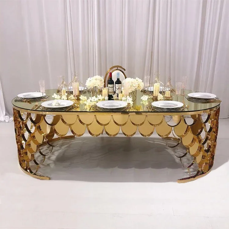 for Luxury Oval Marble Dining Table Gold Stainless Steel Fish Scale Wedding Table for Home Hotel Restaurant