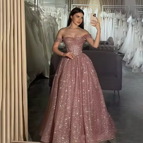 Customized Moden Prom Dress 2026 Glitter Tulle Off the Shoulder Wedding Party Dress Boat-neck A-line Floor-Length Evening Gowns