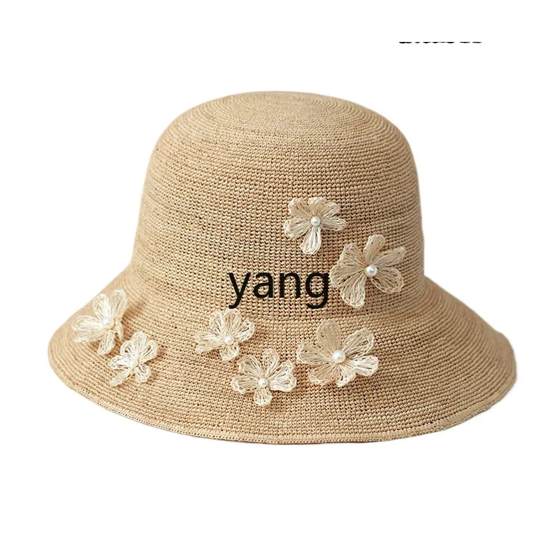 

LMM Handmade Pearl Flower Shade Sun Hat Natural Lafite Straw Hat Women's Sunscreen Foldable