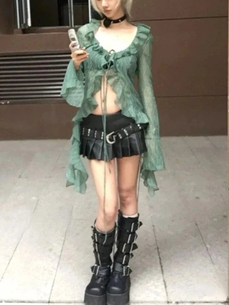 2000s Style Vintage Grunge Ruffles Blouses Japanese Y2k Lace Shirt Aesthetics Irregular Green Shirts  Retro 90s Sexy Cardigan