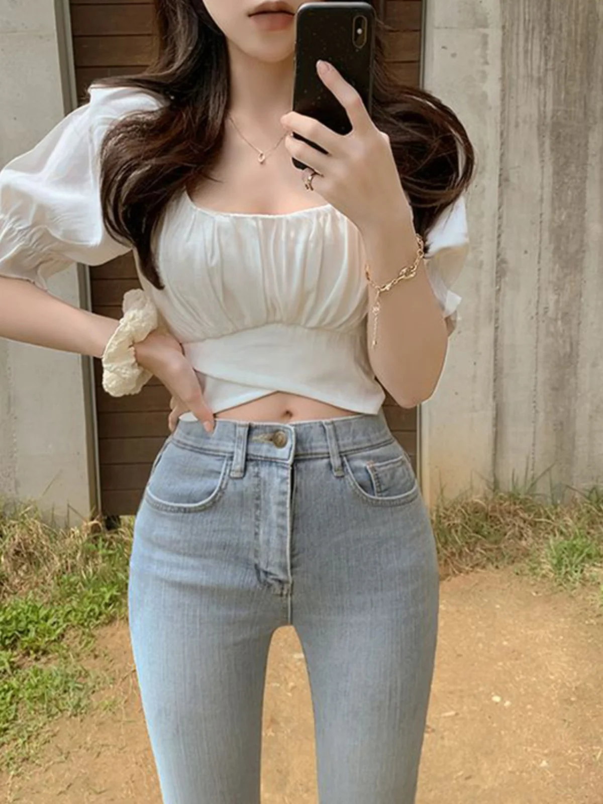 

Summer ort Sve irt Women's Chic Square Collar Bubble Sve Waist Cinched Knot Top Korean Sle High Waist