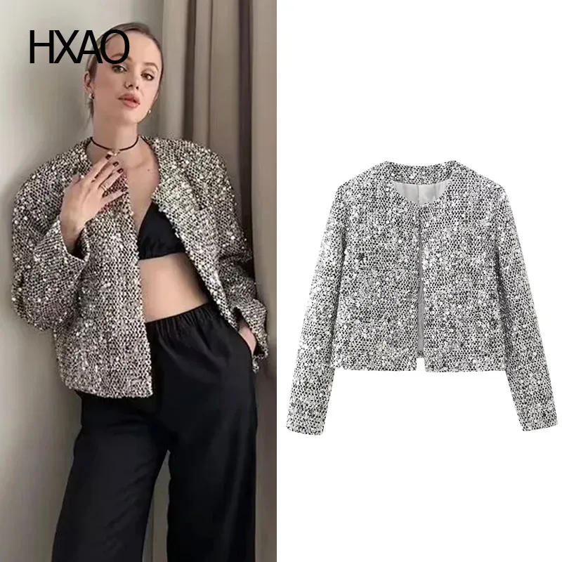 

HXAO Sequined Jackets for Women Fashion Tweed Cropped Jacket New In Coats Blazer Woman Demi-Season Female Sequin Crop Top Luxury