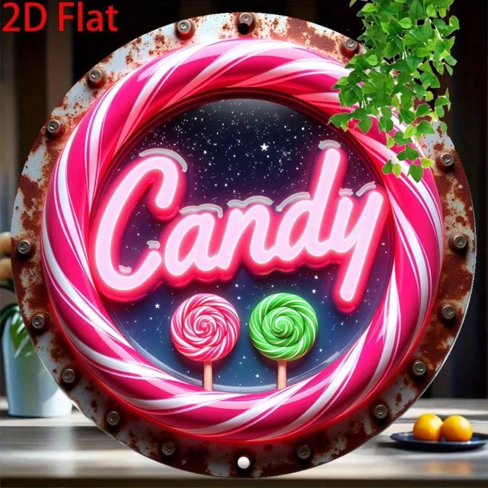Vintage Neon Candy Lollipop Metal Tin Sign, Retro 3D Effect Pink Swirl Candy with Starry Sky Round Wall Art Decor, Classic Sweet