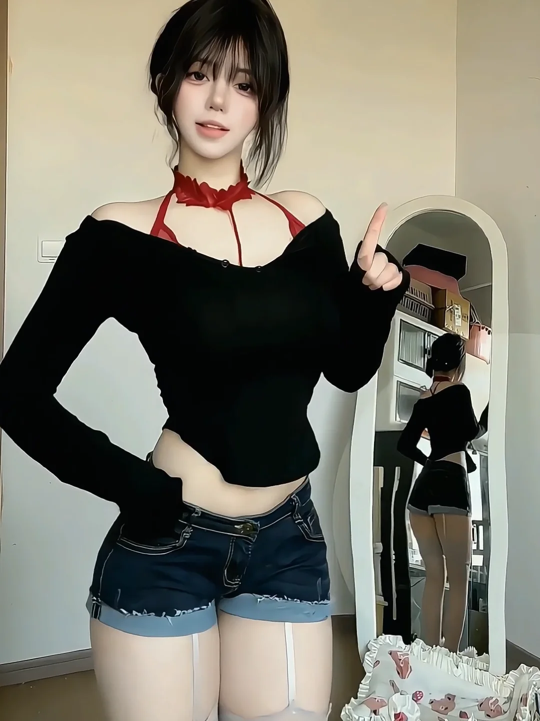 

Sexy Retro Hot Girl Black V-neck Long Sleeve T-shirt Top And Denim Skirt Two-piece Set Spring Pure Desire Bodycon Shorts