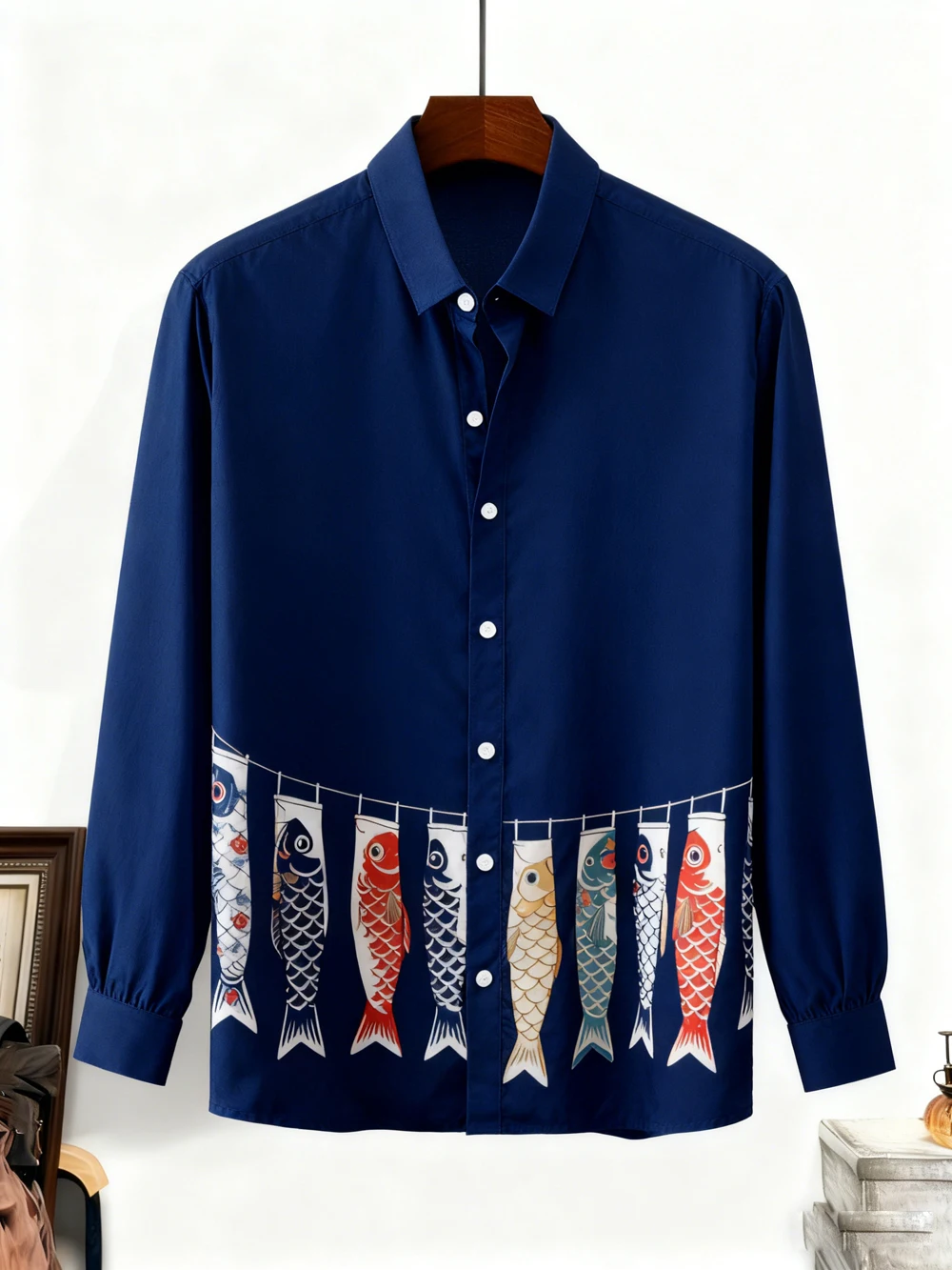 

Men's Japanese-style Auspicious Pattern Crane, Carp, Wave Print Shirt Long-sleeved Lapel Light and Soft Fabric Business Casual