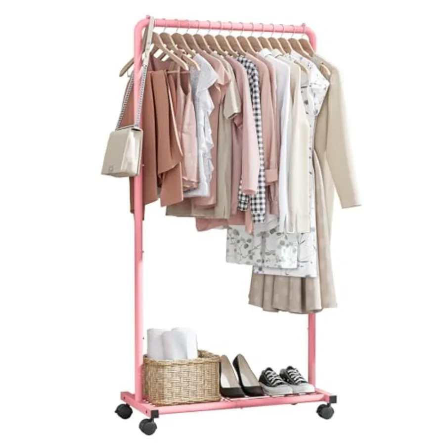 

Clothes Rack - Clothing Rack with Storage Mesh Shelf and Casters Heavy-Duty Metal Clothing Rack for Hanging Clothes Dresses Coa